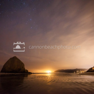 Starry Skies and Haystack Rock and City Light