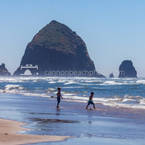 Children Playing on the Shoreline with Haystack Rock 2